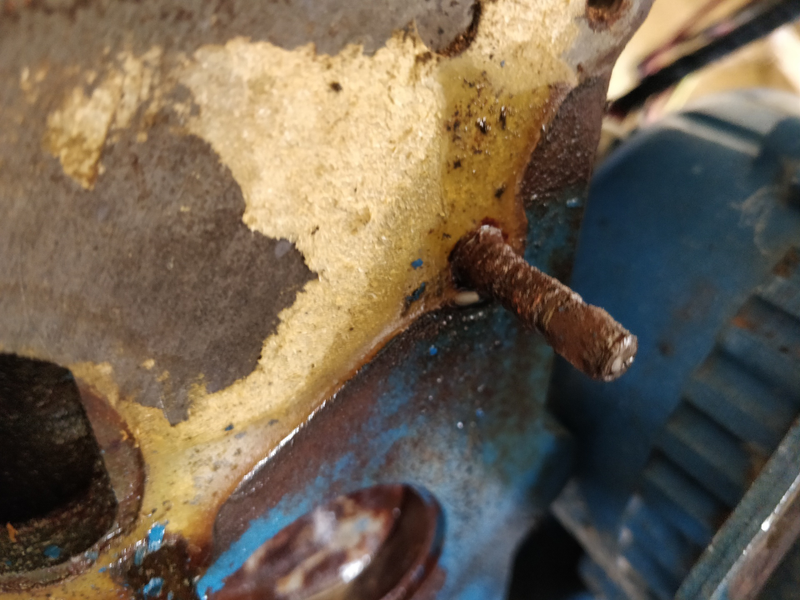 Have to extract this broken stud. It has studs on the bottom and bolts on top. Probably has to do with the thickness of the casting in each place.